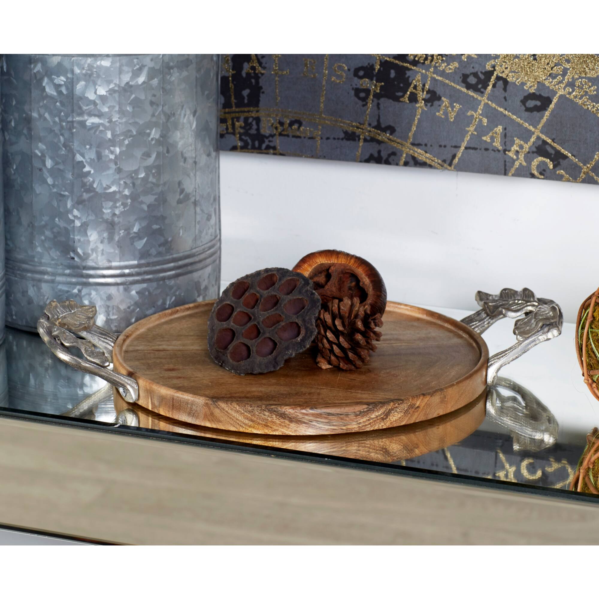 Brown Round Mango Wood Farmhouse Tray Set